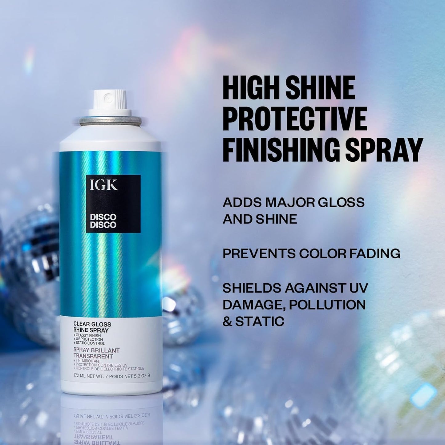 IGK Disco Disco Clear Gloss Hair Shine Spray | Full + Travel Size | Lightweight, High-Shine Finishing Hair Spray | 5.3 + 2.1 oz (Pack of 2)