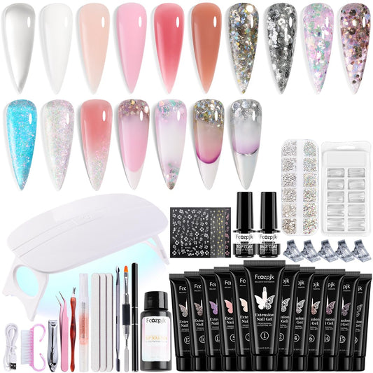 Fcozpjk Poly Nail Gel Kit with UV Light, 12 Colors Clear Nude Pink Iridescent Glitter Extension Gel Builder Gel Starter Kit Base Top Coat Set Slip Beauty and Personal Care Fcozpjk Default Title