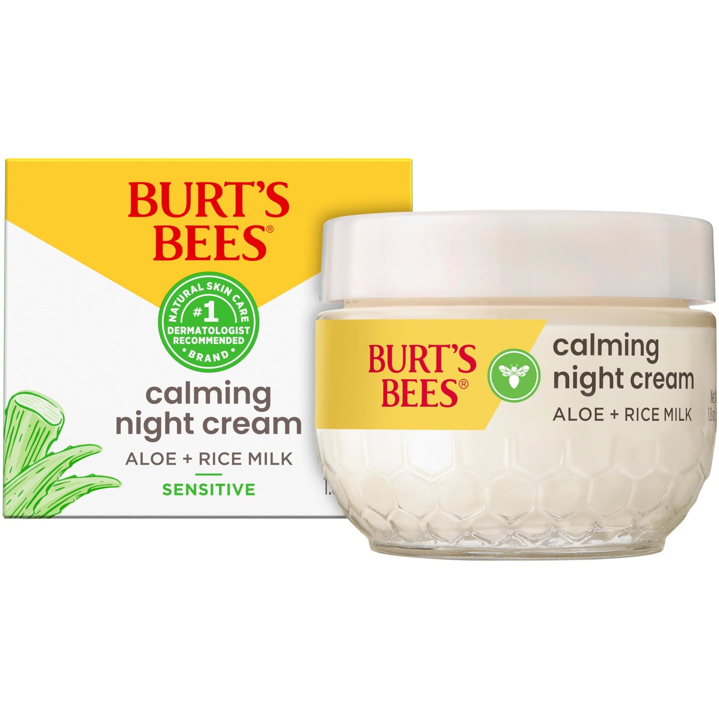 Burt's Bees Calming Night Cream With Aloe and Rice Milk, Face Moisturizer For Sensitive Skin Infuses Skin With Moisture While You Sleep, 98.8 Percent