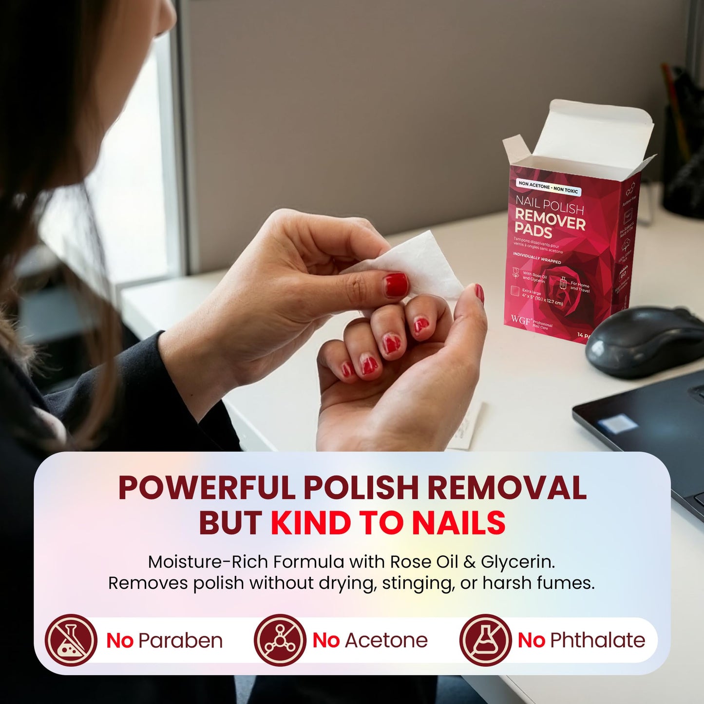 Nail Polish Remover Pads - 14 PCS - 100% Non-Acetone Gentle Formula - Individually Wrapped Wipes - Travel Size Fingernail Remover for Purse & Quick Beauty and Personal Care WGF PROFESSIONAL NAIL CARE