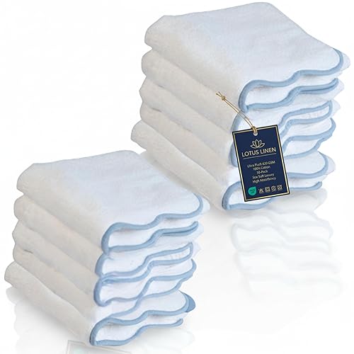 Lotus Linen Scallop Piping Washcloths Towel Set of 10 - 100% Zero Twist Cotton, Ultra Soft & Absorbent Face Cloths, Durable Small Towels for Bathroom…