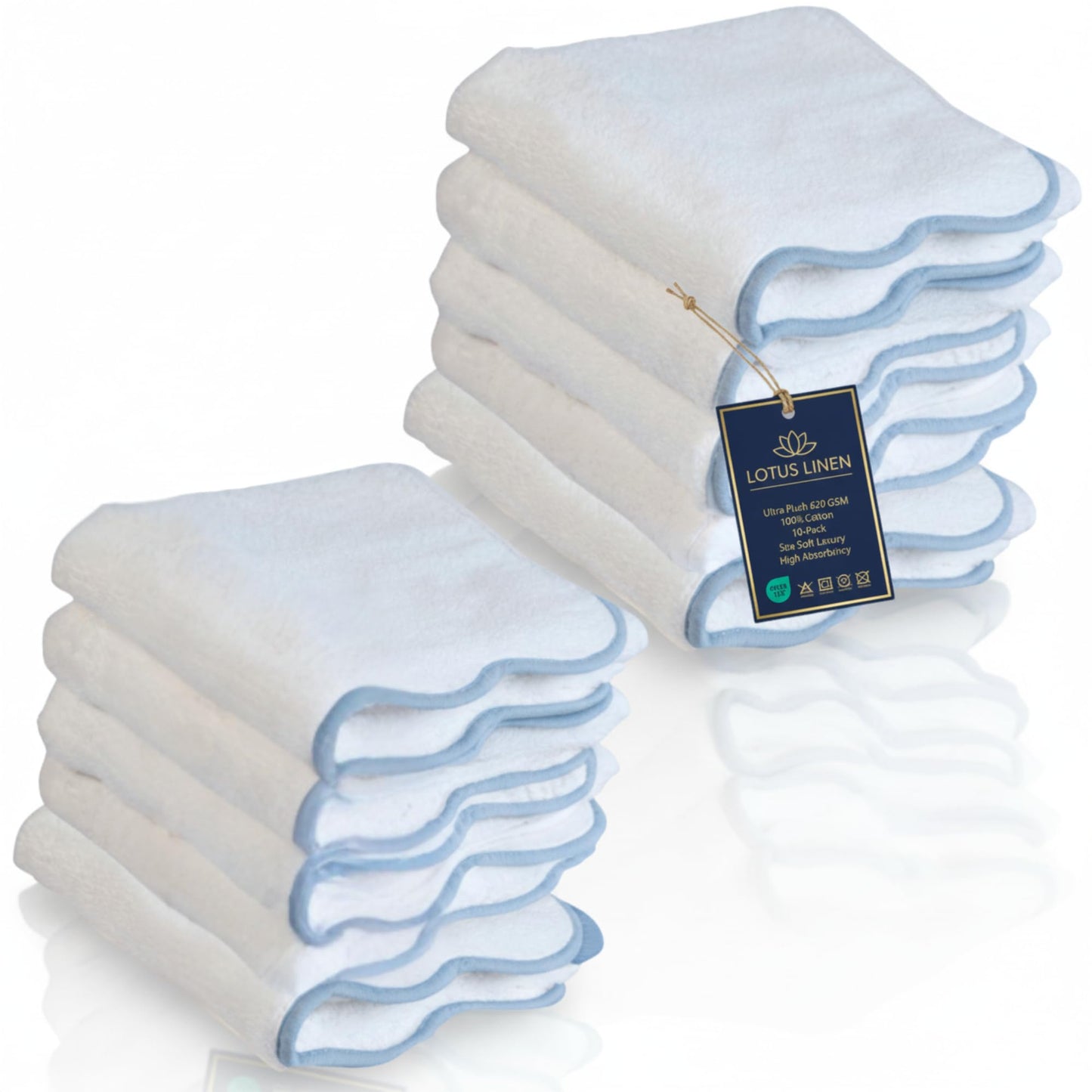 Lotus Linen Scallop Piping Washcloths Towel Set of 10 - 100% Zero Twist Cotton, Ultra Soft & Absorbent Face Cloths, Durable Small Towels for Bathroom…