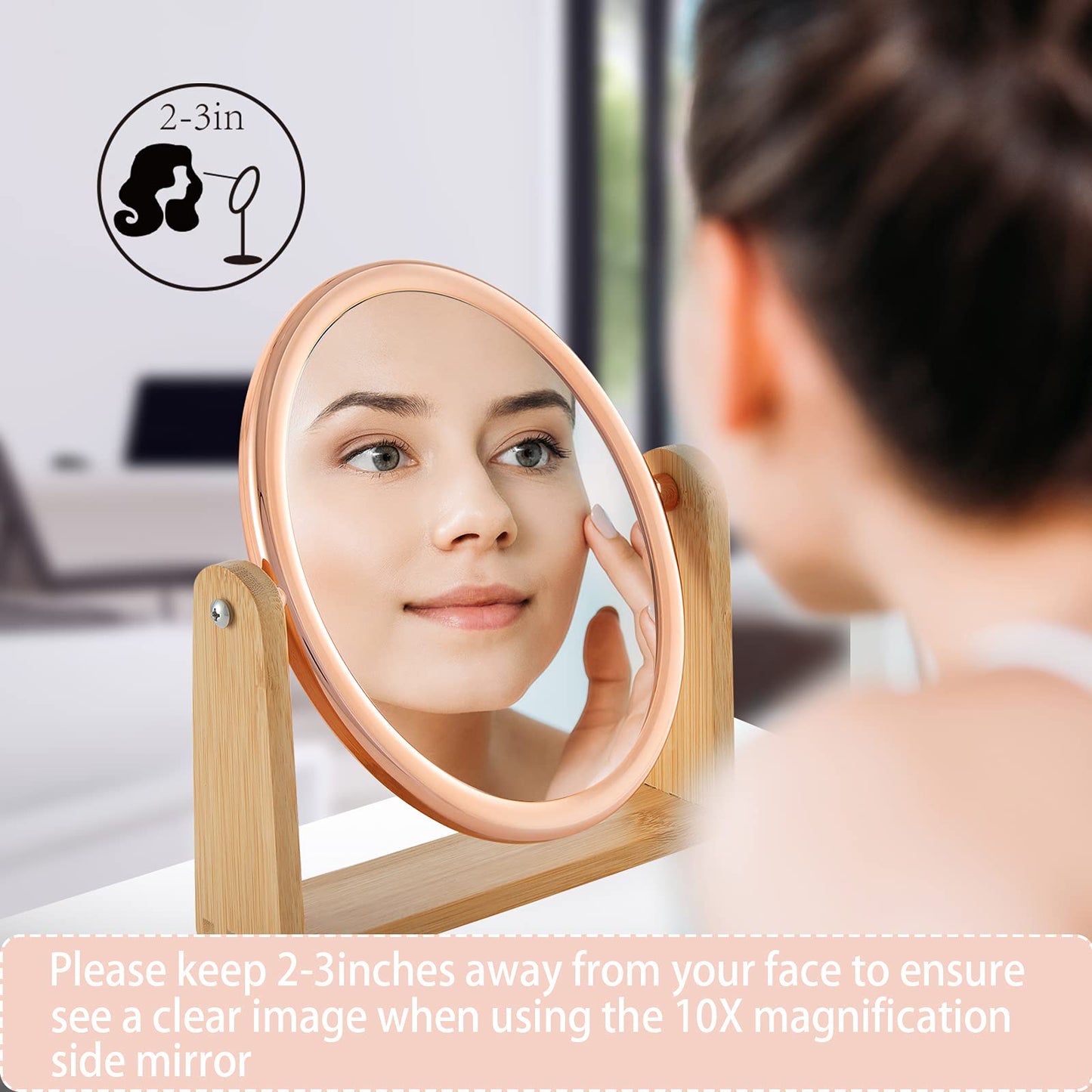 YEAKE Double Sided 10X Magnifying Makeup Mirror with Bamboo Stand,Small Desk Table Mirror with 360° Rotation,Standing Portable Cosmetic Mirror,Good