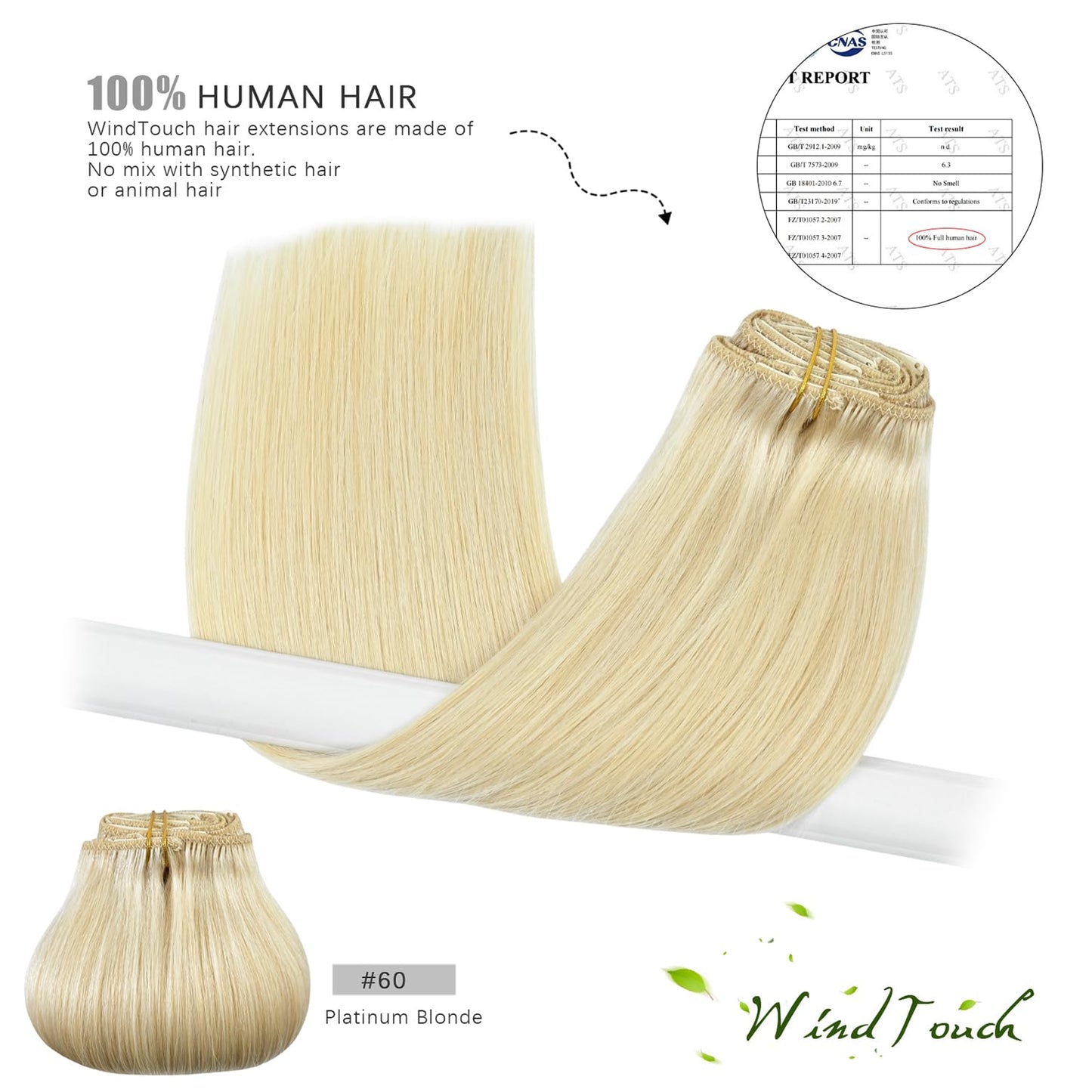 WindTouch Clip In Hair Extensions Real Human Hair Platinum Blonde Hair Extensions 18Inch 75g #60 7PCS