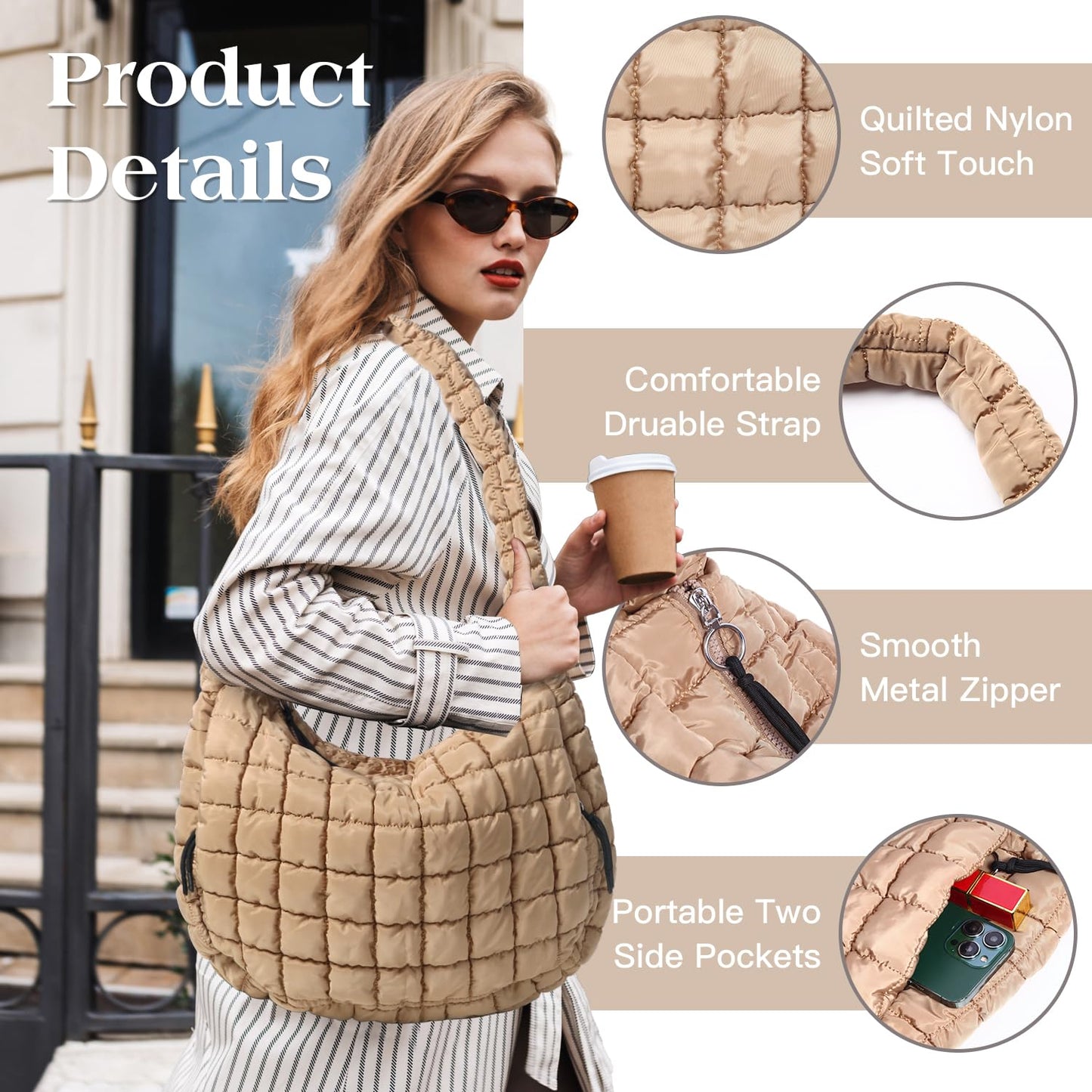 Puffer Tote Bag Large Puffy Quilted Soft Quilted Crossbody Bag Carryall Hobo Handbags for Women Girl (Khaki)
