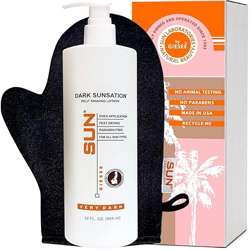 Sun Laboratories By Giesee Dark Sunsation Self Tanner Lotion With Tanning Mitt - Very Dark Sunless Self Tanning Lotion, Instant Organic Sun Self
