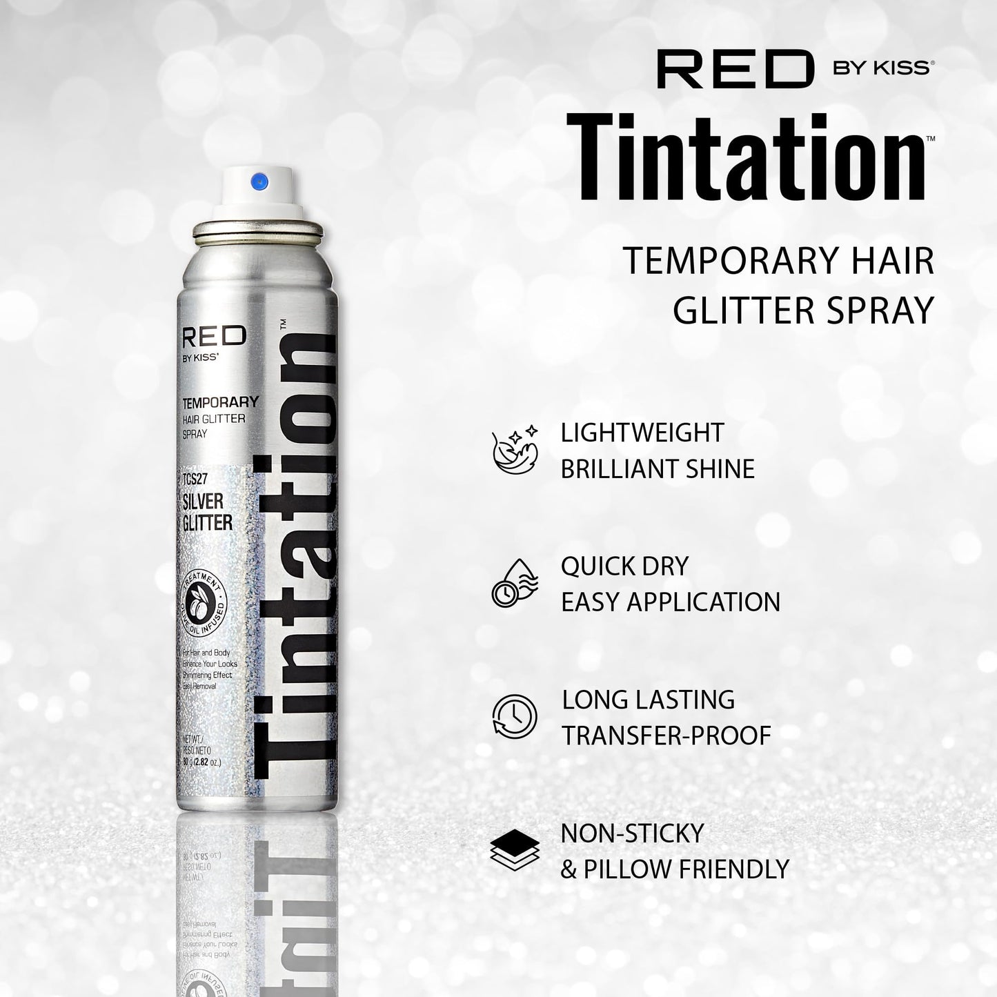 Red By Kiss Tintation Glitter Spray - Long-Lasting Body & Hair Sparkle, Quick-Drying, Waterproof for Events, Parties, Festival Rave, Prom