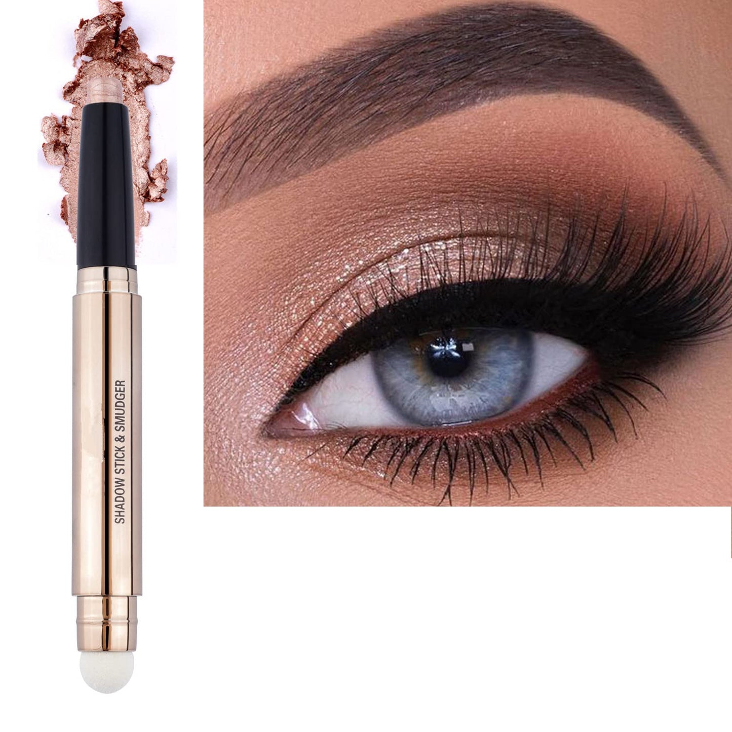 2 in 1 Eyeshadow stick and Sponge Makeup Brush, Brown Smooth Cream Shimmer Shadow Pencil Long Lasting Waterproof Eye Shadow Highlighter Stick Makeup