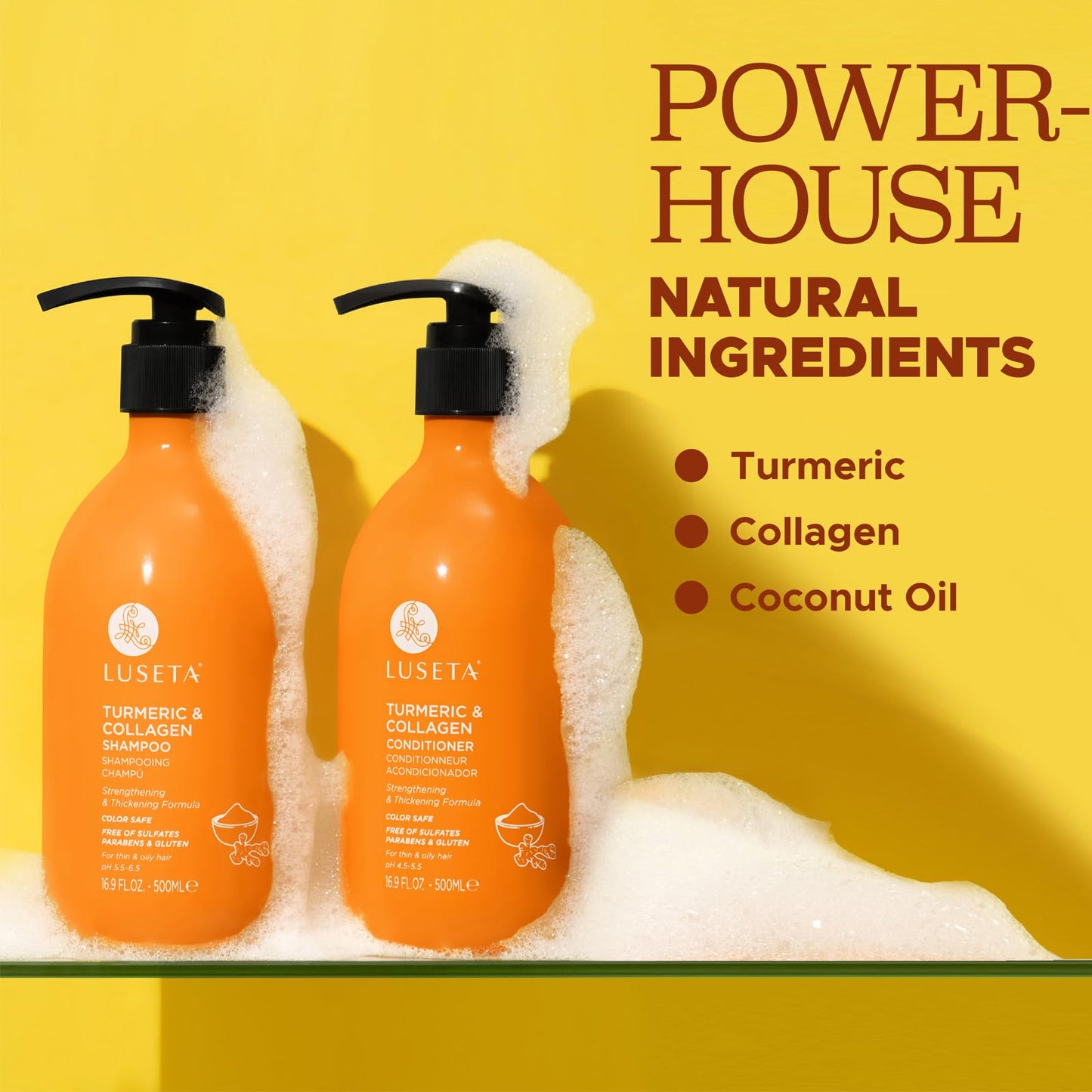 Luseta Volumizing Shampoo and Conditioner Set for Thin Fine Hair - Thickening & Plumping with Turmeric & Collagen, Lightweight Body Building for Flat