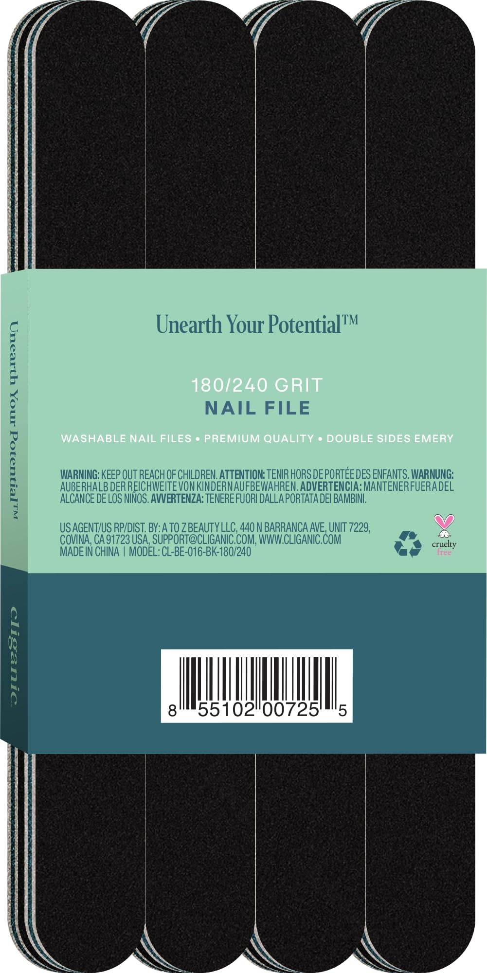Cliganic 12 Pack Nail File Set: 180/240 Grit | Professional Emery Boards for Natural, Gel & Acrylic Nails | Washable Double Sided Kit | Cliganic 90
