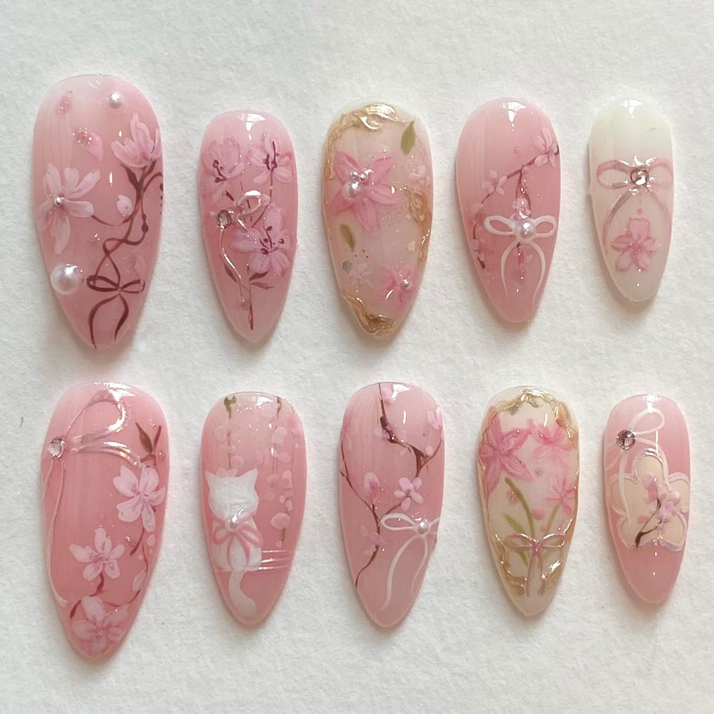 30Pcs Pink Flower Press on Nails Medium Almond Fake Nails Peach Blossom with 3D Rhinestones Pearl Gold Glitter Design Artificial Cute Cat Nails Stick Beauty and Personal Care KRTBKR Default Title