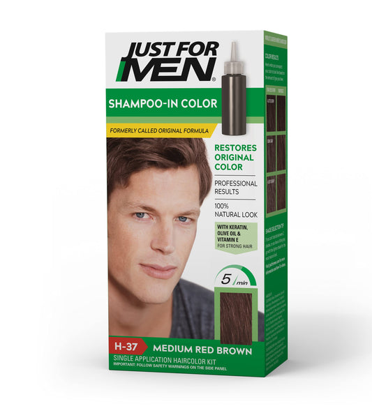 Just For Men Shampoo-In Color (Formerly Original Formula), Mens Hair Color with Keratin and Vitamin E for Stronger Hair - Medium Red Brown, H-37, Pack