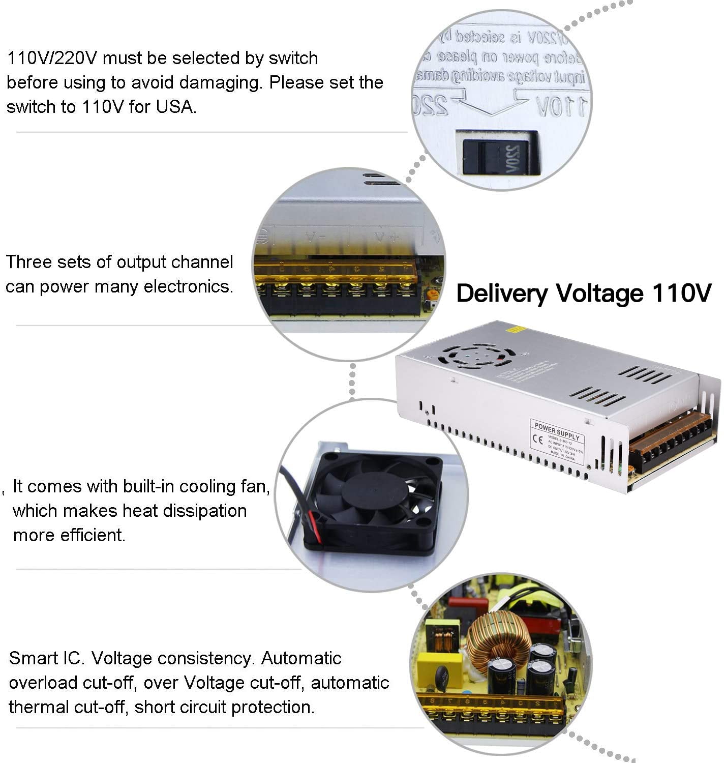 DC 12V 30A Power Supply 360W – Universal Regulated Switching AC to DC Converter 110V/220V SMPS Adapter for LED Strip, CCTV, Radio, Computer