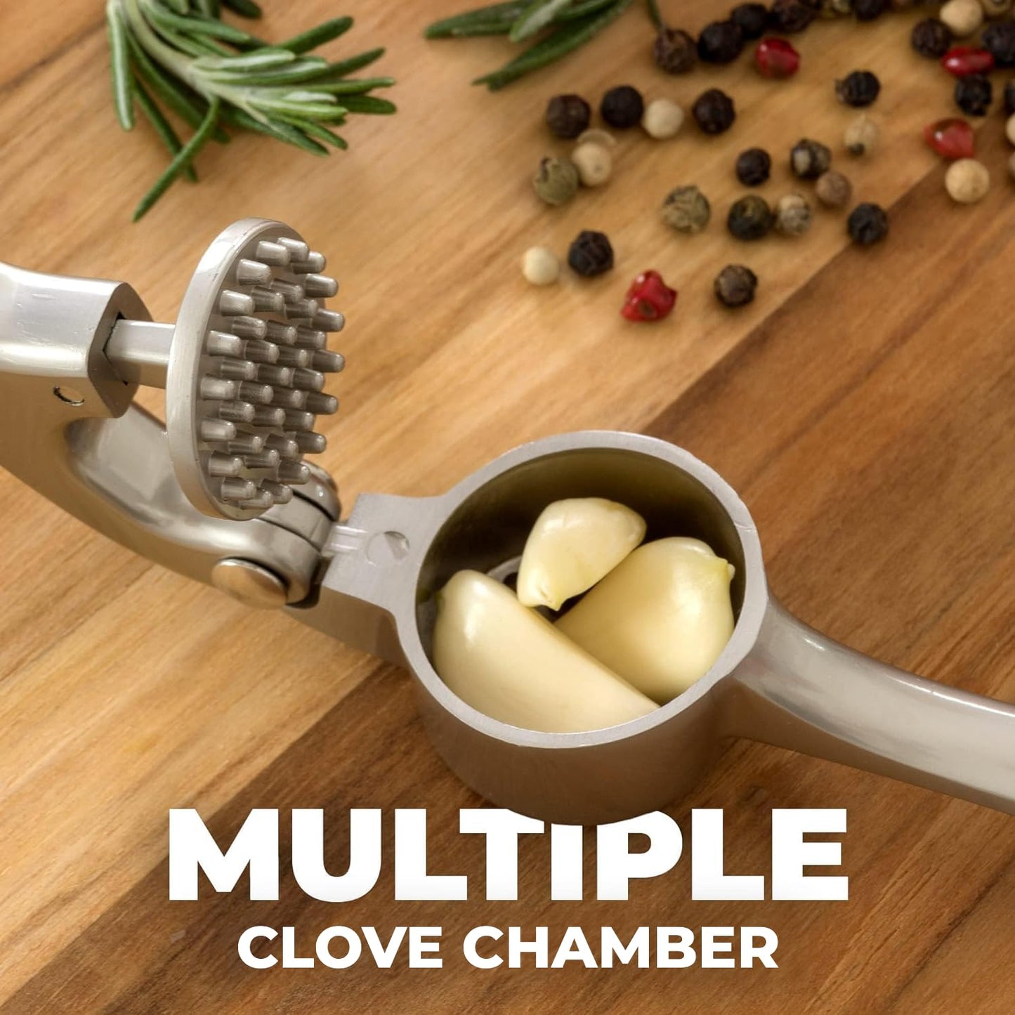 Zulay Kitchen Premium Garlic Press Set – Rustproof, Dishwasher Safe, Easy-Squeeze with Ergonomic Handle, Silicone Peeler & Brush, Silver