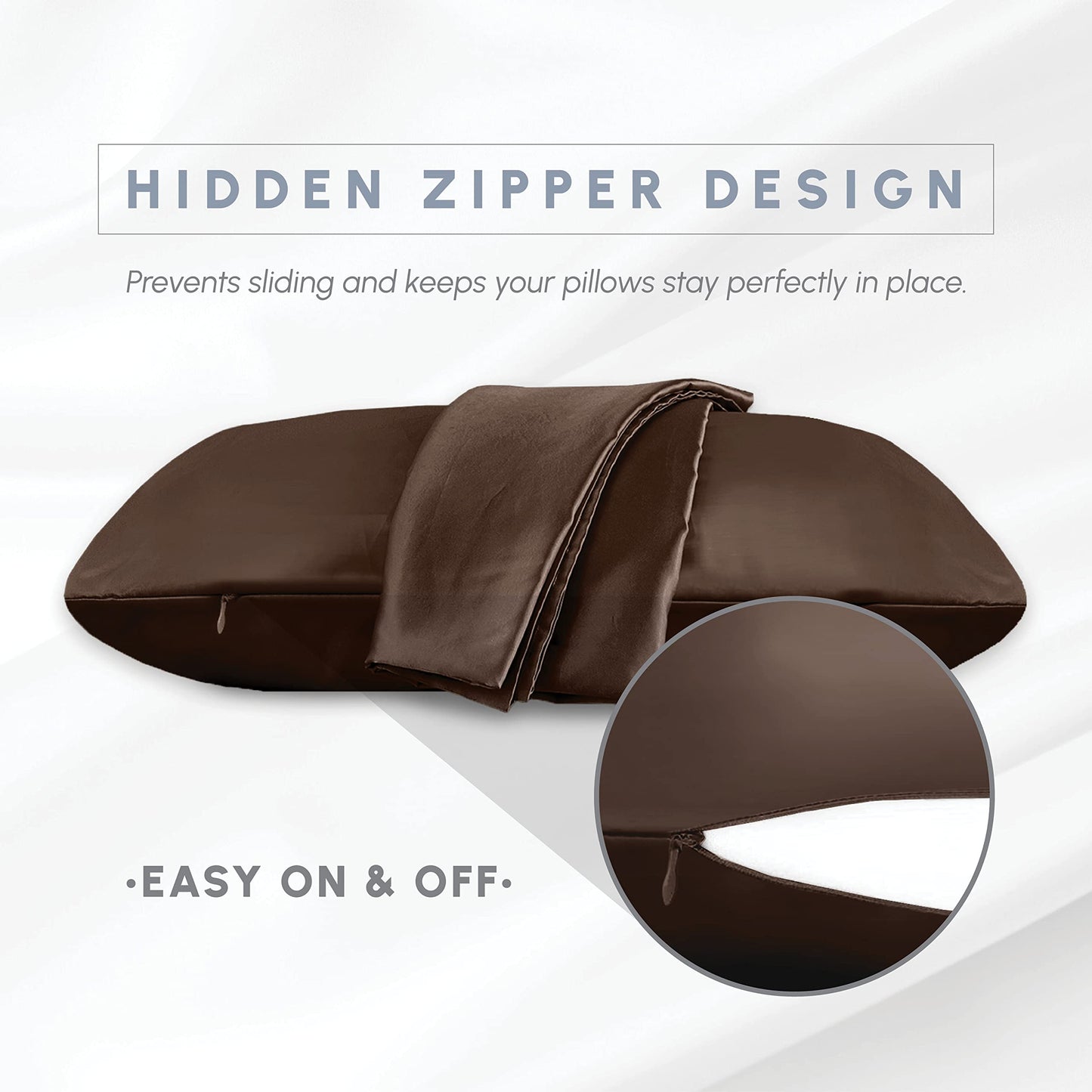 Elegant Comfort 4-PACK Chocolate Brown Satin Pillowcase Set with Hidden Zipper closure, Silky Smooth for Hair and Skin Care-Beautiful Gift Box-4-Piece
