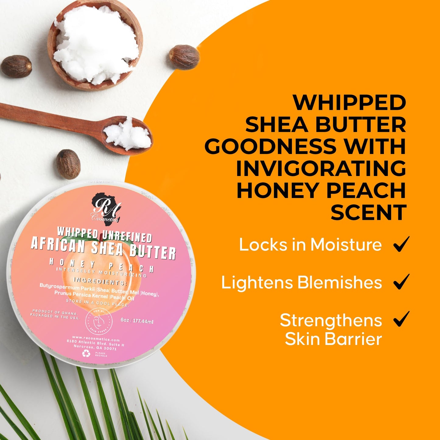 RA COSMETICS Whipped Shea Butter Honey Peach - 100% Pure and Natural African Shea Butter - Ultimate Handcrafted Moisturizer with Essential Vitamins