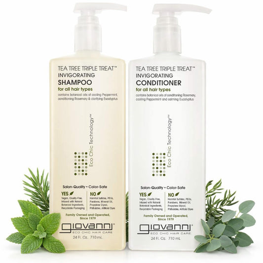 GIOVANNI Tea Tree Triple Treat Invigorating Shampoo & Conditioner Set - Cooling Peppermint, Eucalyptus, Rosemary, Helps Dry, Flaky Scalp, Salon Beauty & Personal Care GIOVANNI