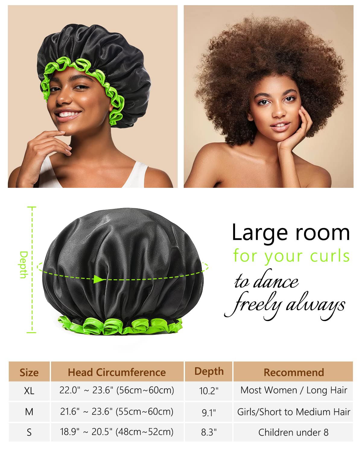 mikimini Black Shower Caps for Small Child 2 Packs, Double Layers Waterproof Bathing Hair Cap with Reusable Soft Comfortable PEVA Lining, Cute