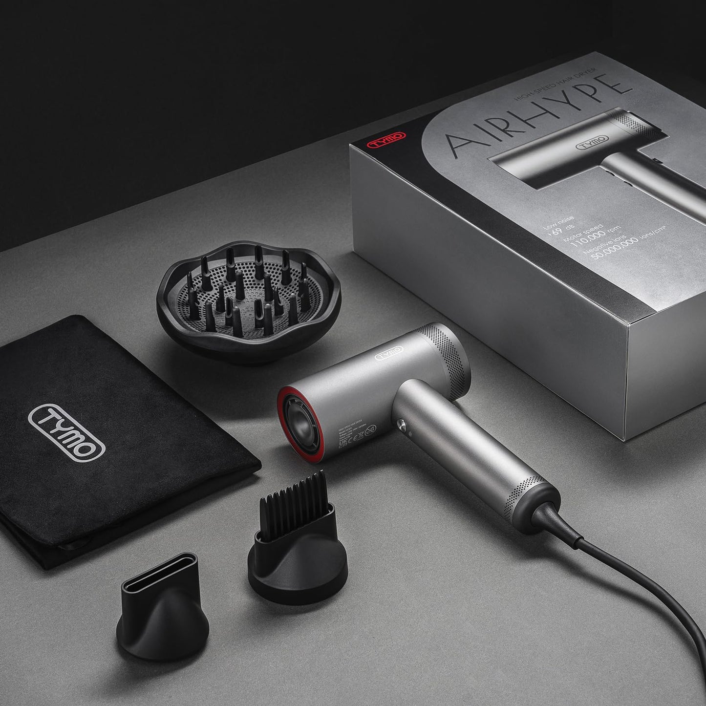 TYMO 1500W Professional Hair Dryer with Diffuser – High-Speed Ionic Hairdryer, 4 Temps & 3 Speeds, 8 Ft Cord, Comb Attachment, Metal Gray