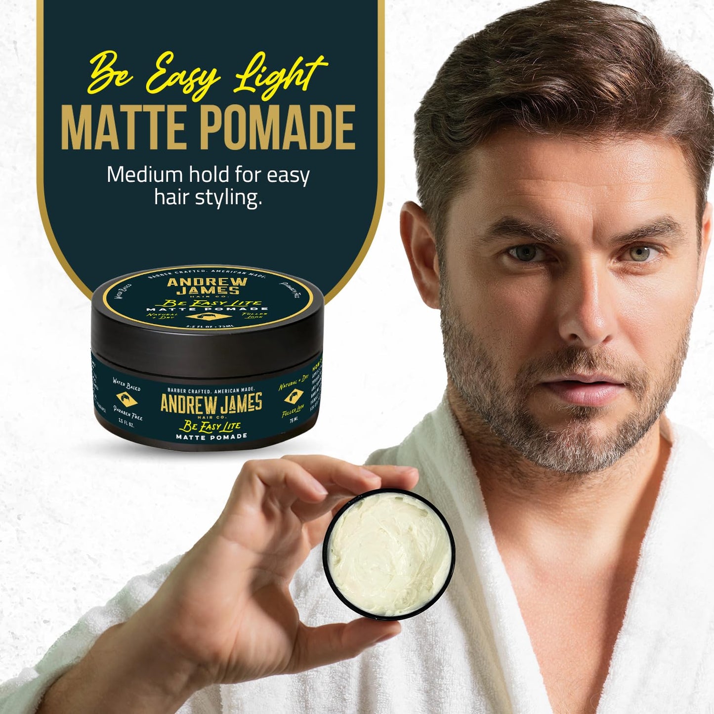 ANDREW JAMES Matte Pomade 3-Pack | Be Easy | 2.75 Ounce Each| Strong Hold | Matte Finish | Natural Look | Provides A Fuller Look | Easy To Wash Out |