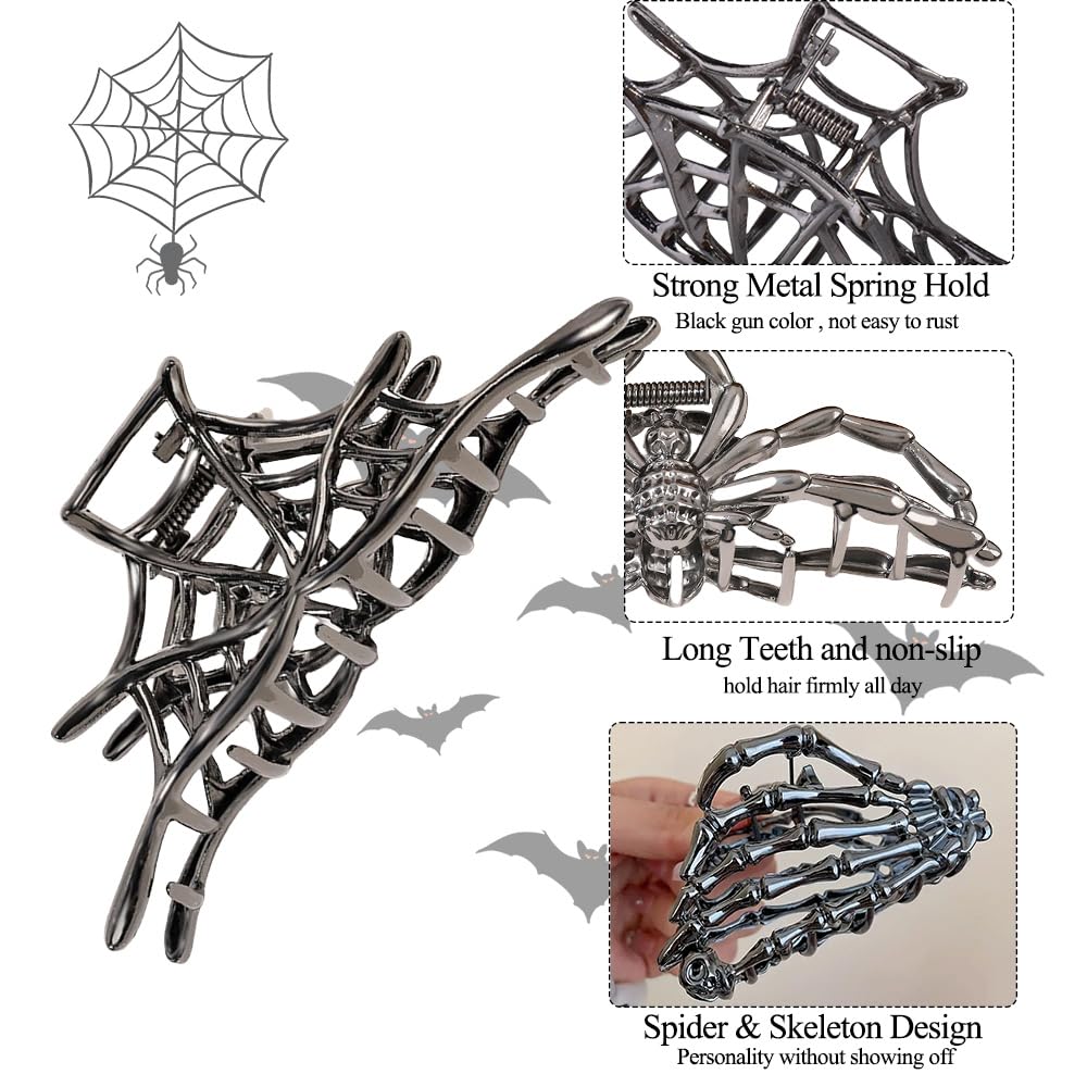 3PCS Black Spider Web Skeleton Hand Skull Hair Claw Clips for Women And Girls, Hiphop Metal Large Medium Size for Thick Thin Hair, Headband Barrette Beauty and Personal Care RAUIMOUR