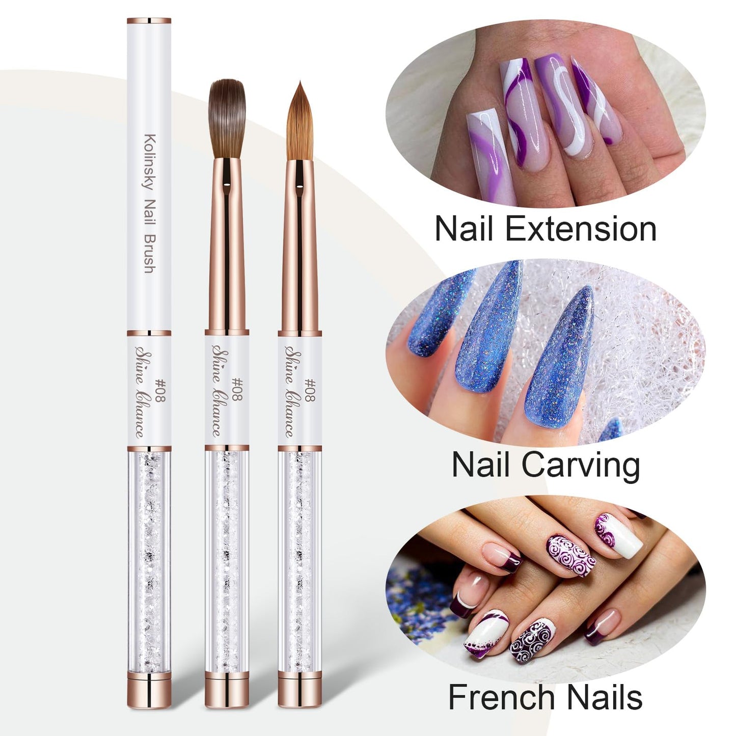 Shine Chance Acrylic Nail Brush Size 8, 100% Real Kolinsky Art Nail Brush for Acrylic Powder Application, Handmade Women Manicure Nail Extension Tool