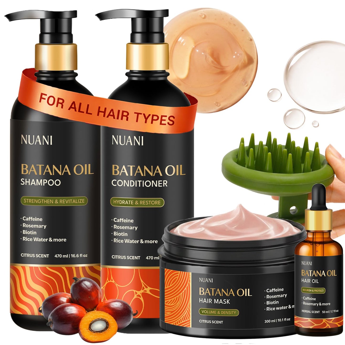 Nuani Batana Oil Shampoo and Conditioner Set (16 fl oz / 470 ml) with Rosemary & Caffeine | Includes Deep Mask, Hair Oil & Silicone Scalp Massager |