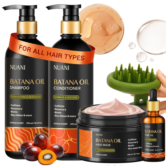 Nuani Batana Oil Shampoo and Conditioner Set (16 fl oz / 470 ml) with Rosemary & Caffeine | Includes Deep Mask, Hair Oil & Silicone Scalp Massager |