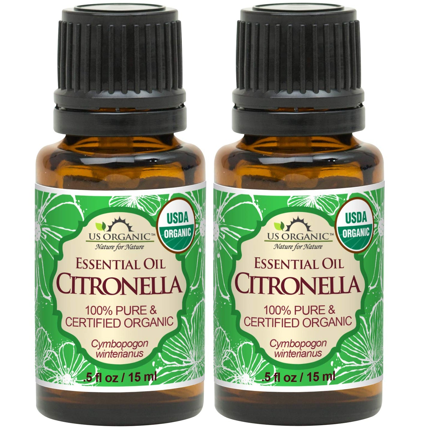 US Organic Citronella Essential Oil, USDA Certified, 100% Pure, 15 ml Pack of 2, Improved caps and droppers - Used for Skin Care, Many DIY Projects