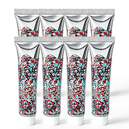 Waterproof Red White Blue Hair Glitter Stick for Patriotic Celebrations &Game Days, 4th of July Glitter Stick, Sparkling Face&Body Makeup with Star
