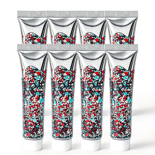 Waterproof Red White Blue Hair Glitter Stick for Patriotic Celebrations &Game Days, 4th of July Glitter Stick, Sparkling Face&Body Makeup with Star