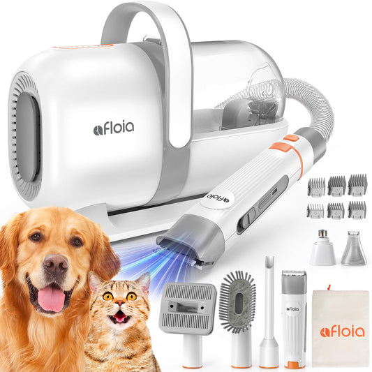 Afloia 6-in-1 Dog Grooming Kit & Vacuum – Clipper, Nail Trimmer, Grinder, Brush, Low Noise Pet Hair Remover for Dogs & Cats, 1.5L Dust Cup, White