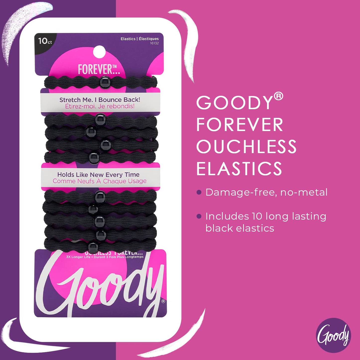 Goody Ouchless Forever Hair Elastics, 10 Ct, Black, Damage-Free Bands, 3X Stronger Elastic Ties, Retainable Shape, 16 Strand Inner Core, Styling Beauty and Personal Care GOODY