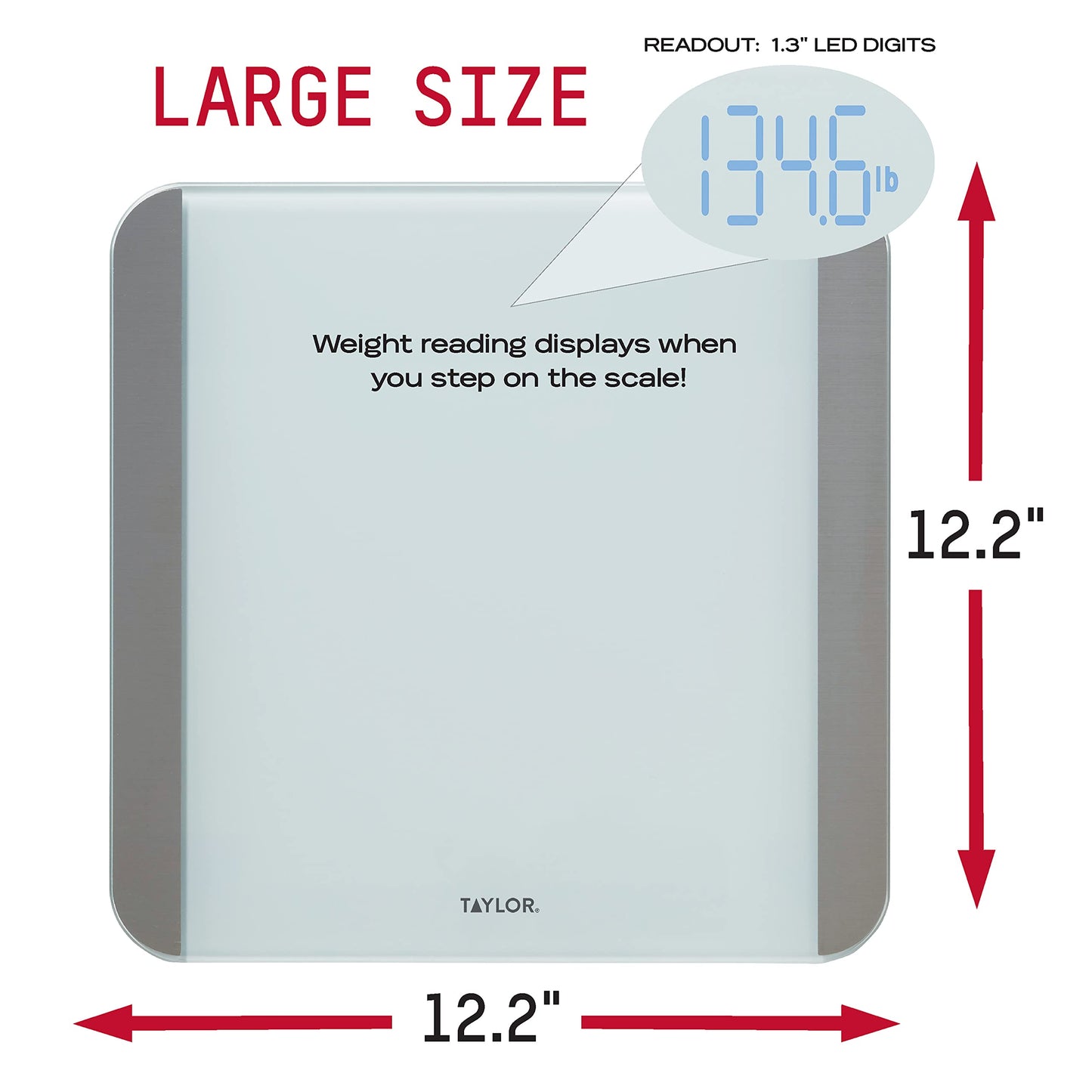 Taylor Glass Digital Bathroom Scale for Body Weight with Motion and Light Sensors, Bright LED Display, 440 lbs, White