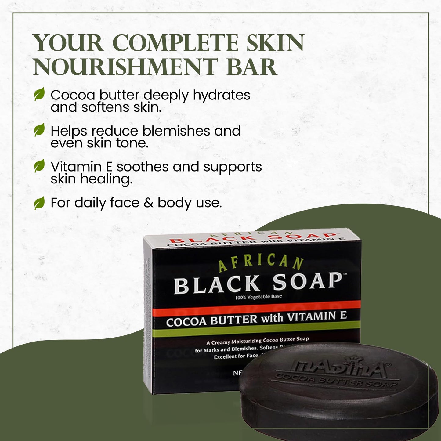 Madina African Black Soap Bar - Cocoa Butter, Vitamin E, Moisturizing, Skin-Restoring, Marks & Blemishes, Face & Body Cleanser, 100% Vegetable-Based