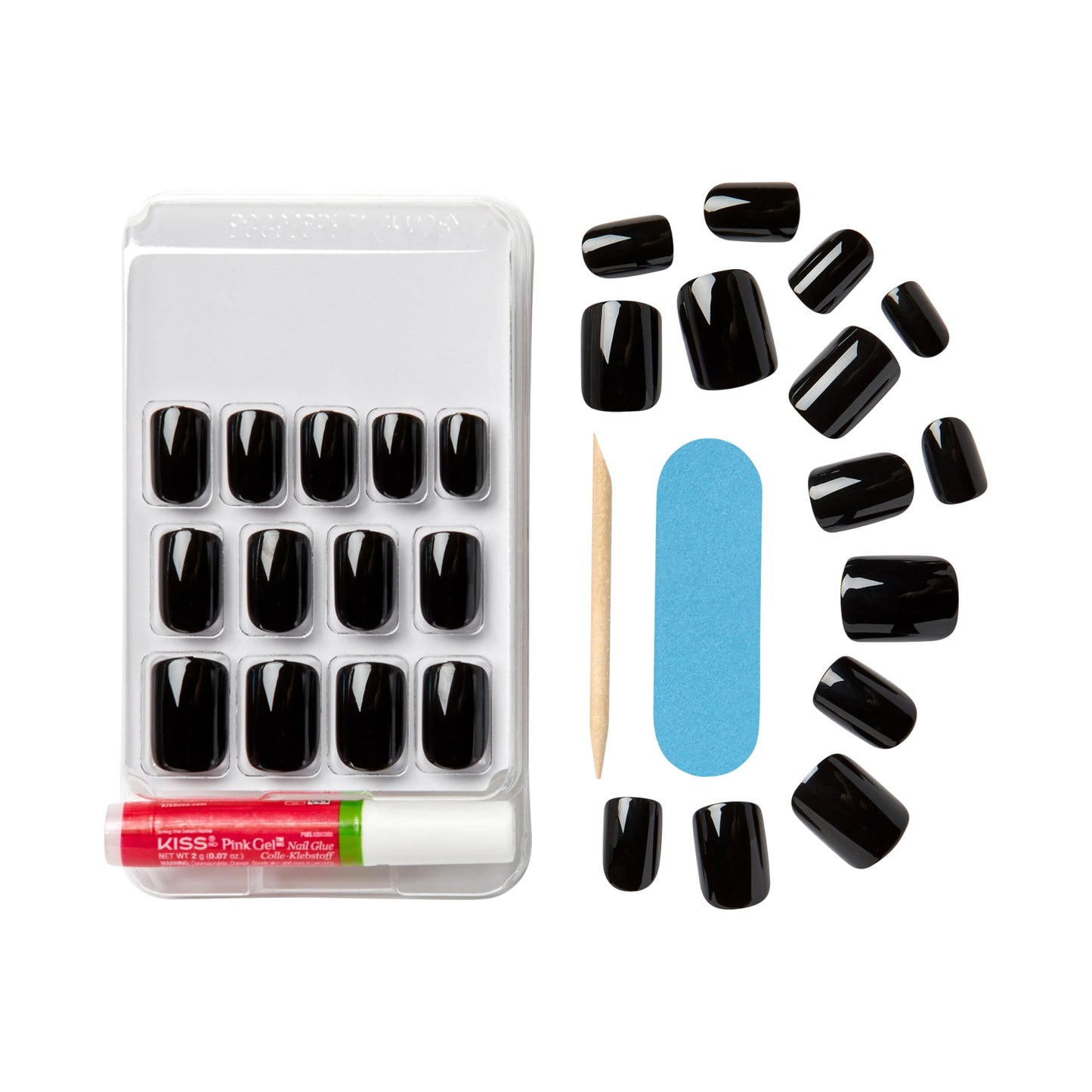KISS Gel Fantasy Press On Nails, Nail glue included, 'Aim High', Black, Short Size, Squoval Shape, Includes 28 Nails, 2g Glue, 1 Manicure Stick, 1