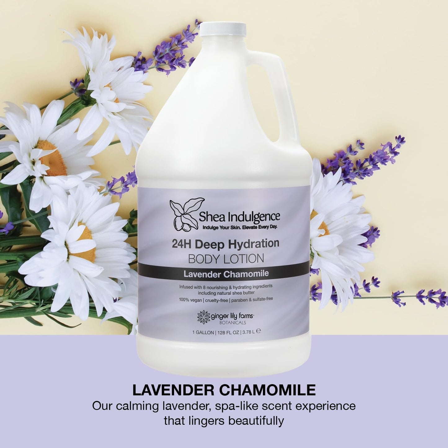 Ginger Lily Farms Botanicals Shea Indulgence 24H Deep Hydration Body Lotion, 100% Vegan & Cruelty-Free, Lavender Chamomile Scent, 1 Gallon (128 fl oz)