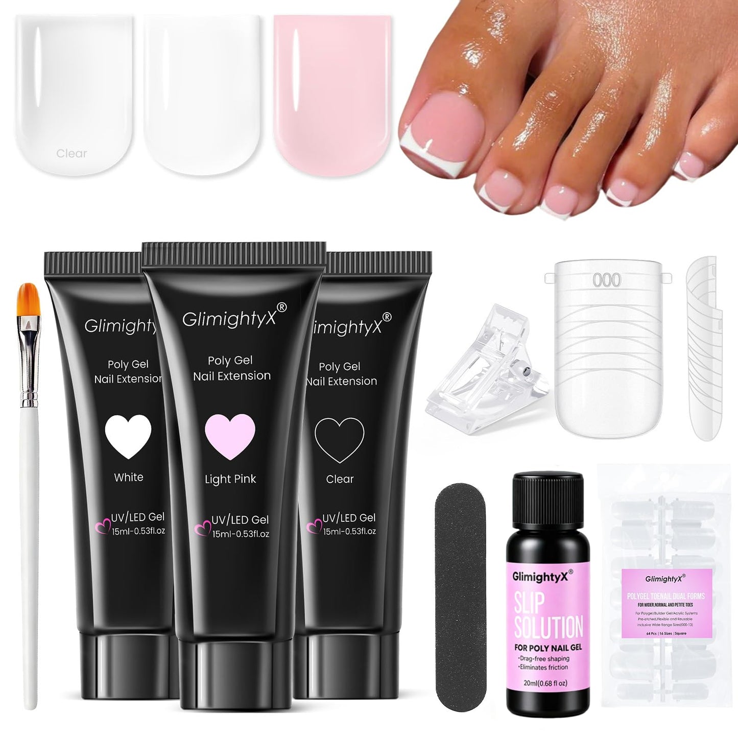 GlimightyX Polygel Toenail Kit, Clear White Pink with Toe Dual Nail Forms Beauty and Personal Care GlimightyX Default Title