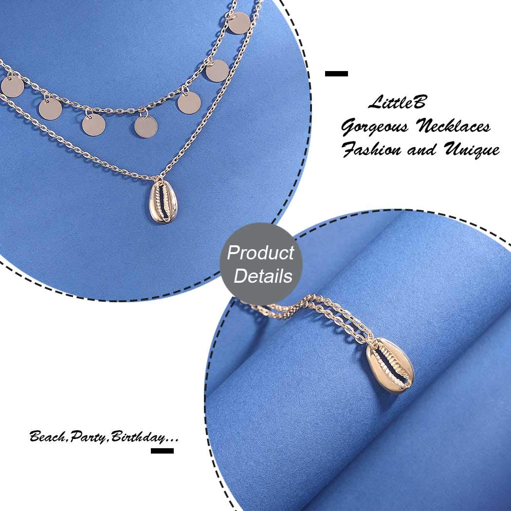 LittleB Boho Layered Shell Pendant Necklace Gold Sequins Necklaces Chain Jewelry for Women and Girls