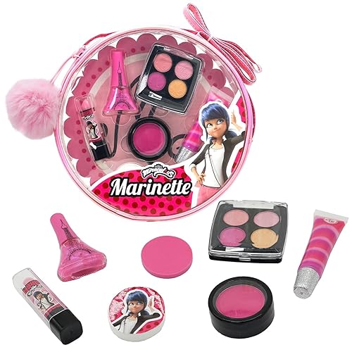 Miraculous Ladybug Kids Makeup Set - 10 Piece Bag with Nail Polish, Hair Chalk, Stickers & More - Safe, Non-Toxic Pretend Play Cosmetics - Marinette