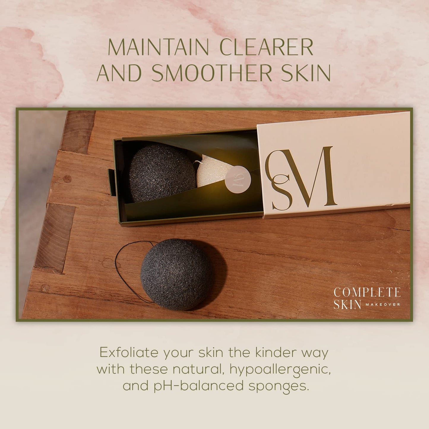 CSM Organic Konjac Sponges 3-Pack for Gentle Exfoliating - Facial Cleansing Sponge with Activated Bamboo Charcoal to Clean Pores, Remove Impurities