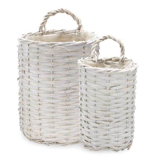 AuldHome Design Wall Hanging Baskets (White, Set of 2); Woven WIcker Rustic Farmhouse White Washed Door Baskets, Small and Medium Size