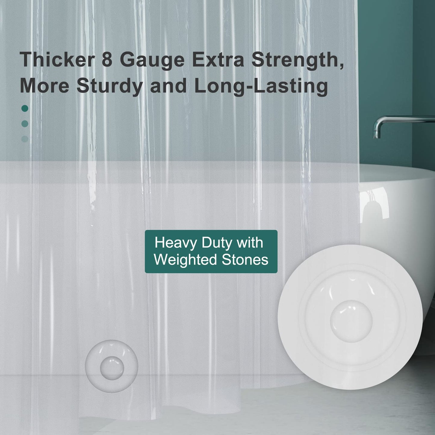 AmazerBath Clear PEVA Shower Curtain – Heavy Duty 8G, Weighted with 3 Stones & 12 Rustproof Grommets – 72x72 Inches