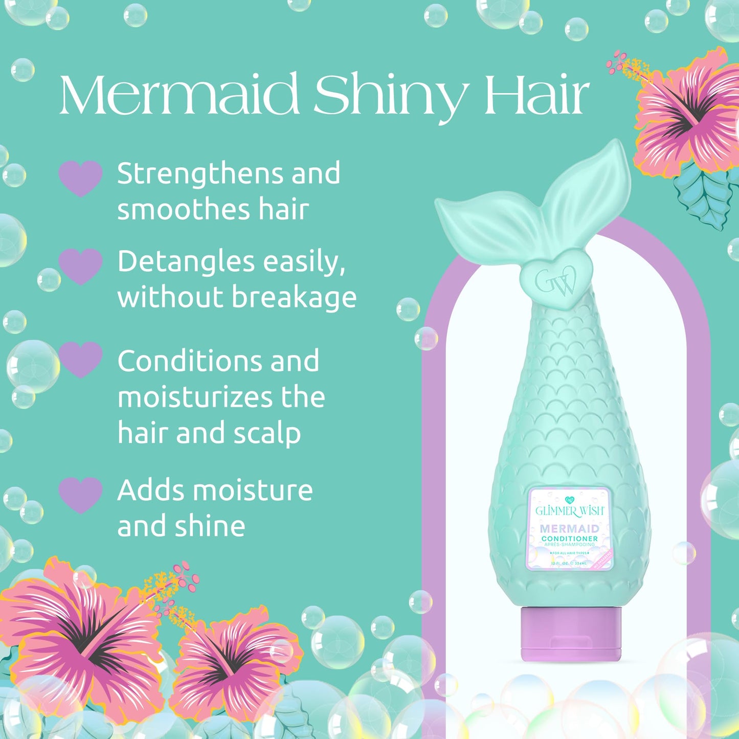 Glimmer Wish Mermaid Kids Conditioner, Paraben and Sulfate Free Conditioner for Strong and Smooth Hair, Kids Hair Care, Tropical Beach Scent, 12 Fl Oz