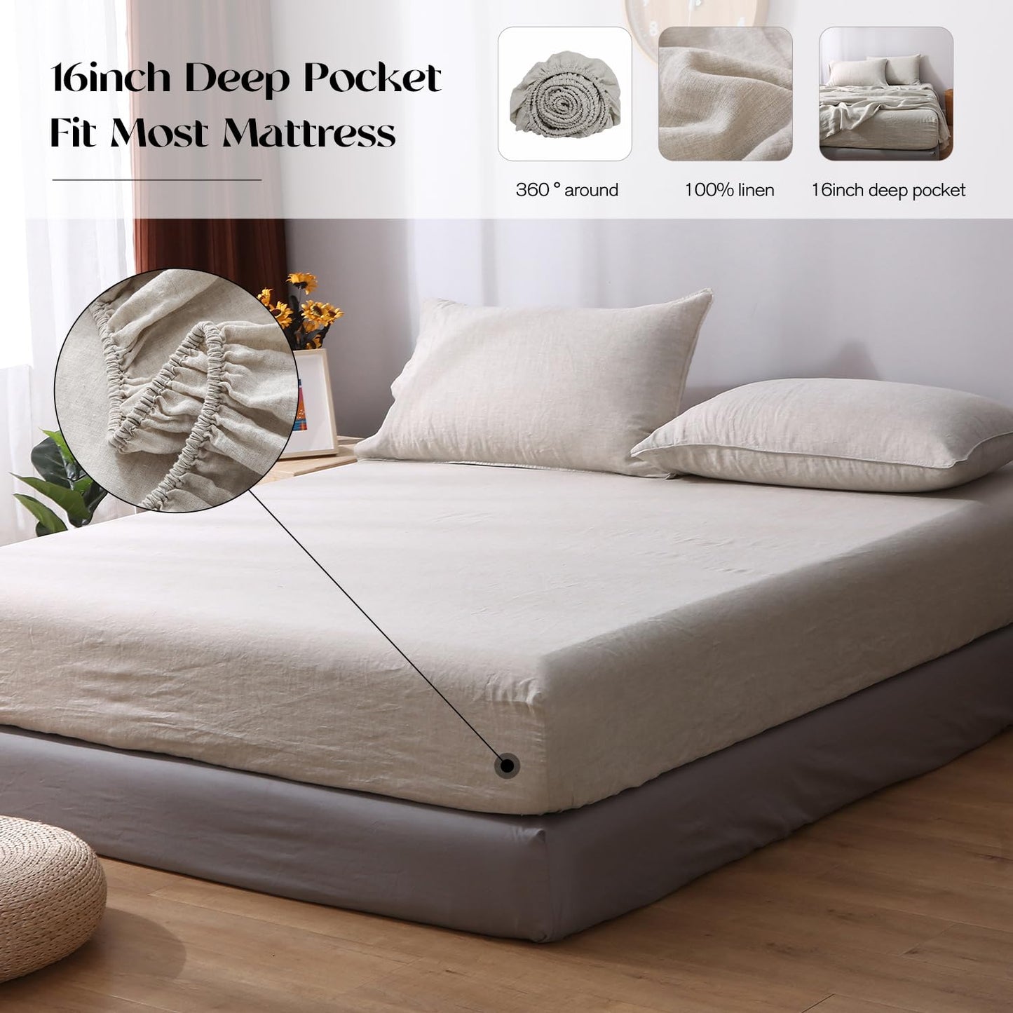 S VICTORY SYMBOL 100% Organic French Linen Bed Sheets Queen Size,Stone Washed Flax 4PCS Sheets Set(1 Flat Sheet+1 Fitted Sheet+2 Pillow Cases)