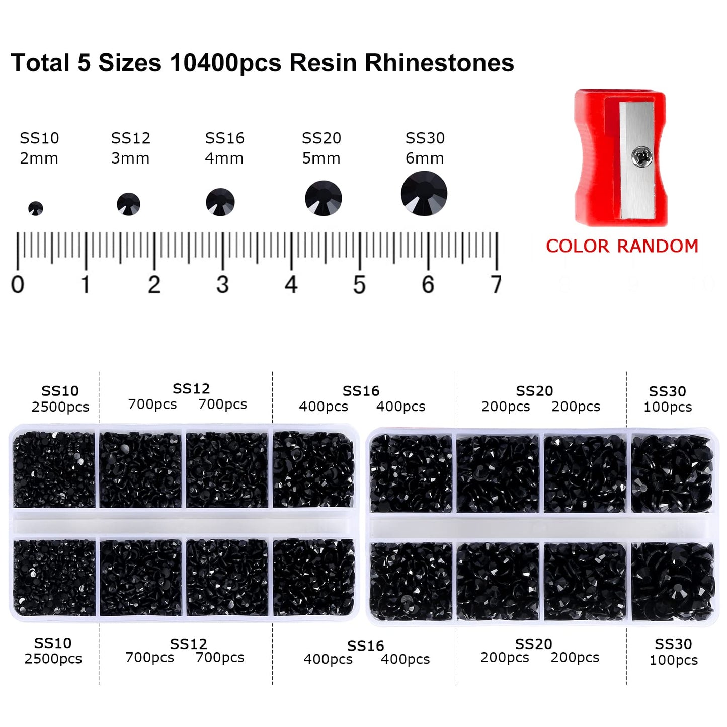 QPRETTY DU 10400 Black Rhinestones, Jelly Resin Crystals for Nails, Flatback Non Hotfix DIY Crystals with 15 cm Pencil Sharpener and Tweezer & Picker