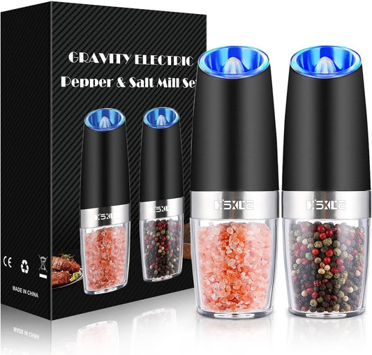 Sweet Alice Electric Salt & Pepper Grinder Set – 2-Pack, Adjustable Coarseness, LED Light, One-Hand Operation, Stainless Steel Black
