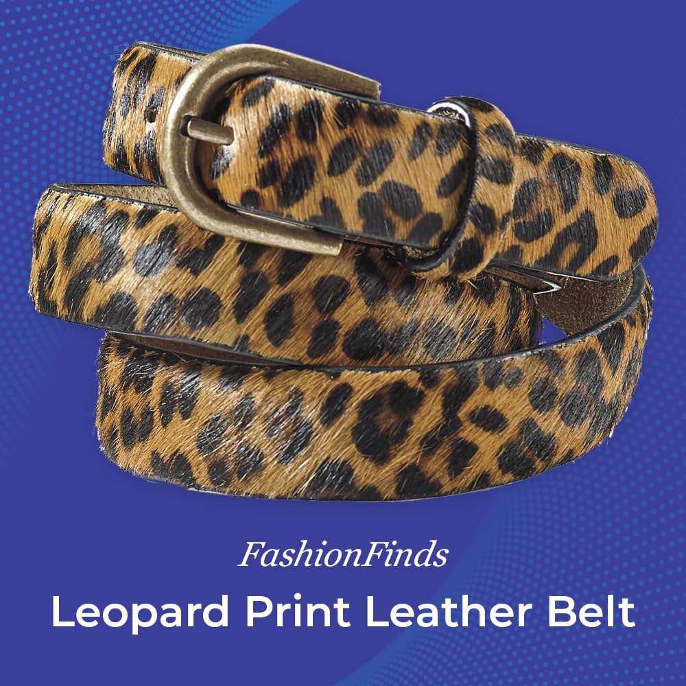 SAGEFINDS Leopard Print Leather Belt for Women, Fashion Waist Belt for Jeans and Dresses, Brass Buckle, 1” Wide
