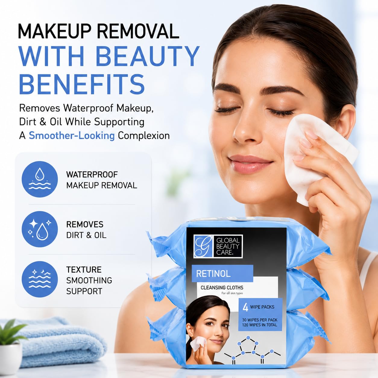 Global Beauty Care Retinol Makeup Remover Wipes with Collagen Renewing Support - Facial Cleansing Cloths, Remove Waterproof Mascara, Oil & Dirt