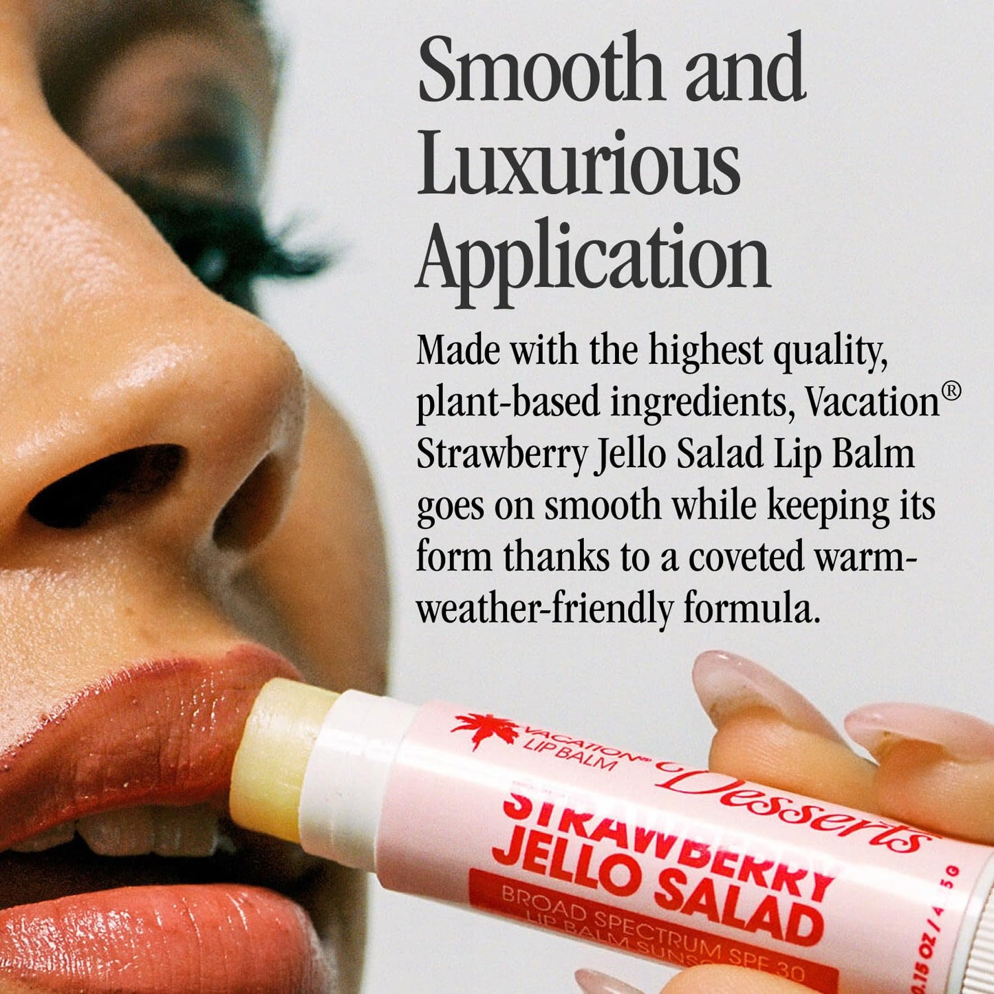 Vacation Strawberry Jello Salad SPF 30 Lip Balm, Hydrating Sunscreen for Lips, Water-Resistant, Lightweight, Transparent Sheen, Vegan Formula Made